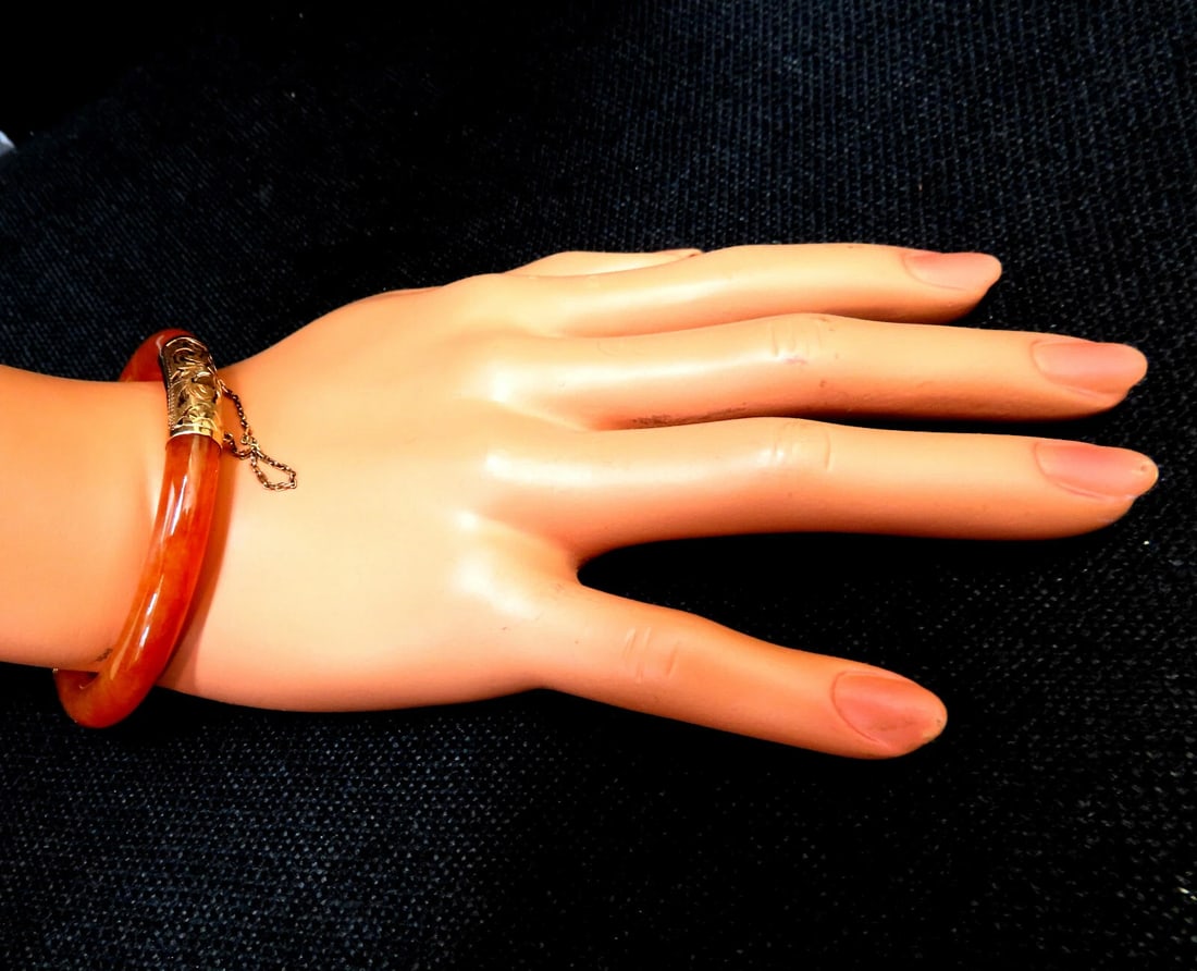 GIA Certified Natural Orange Brown Jade Bangle Bracelet 14kt** - 4