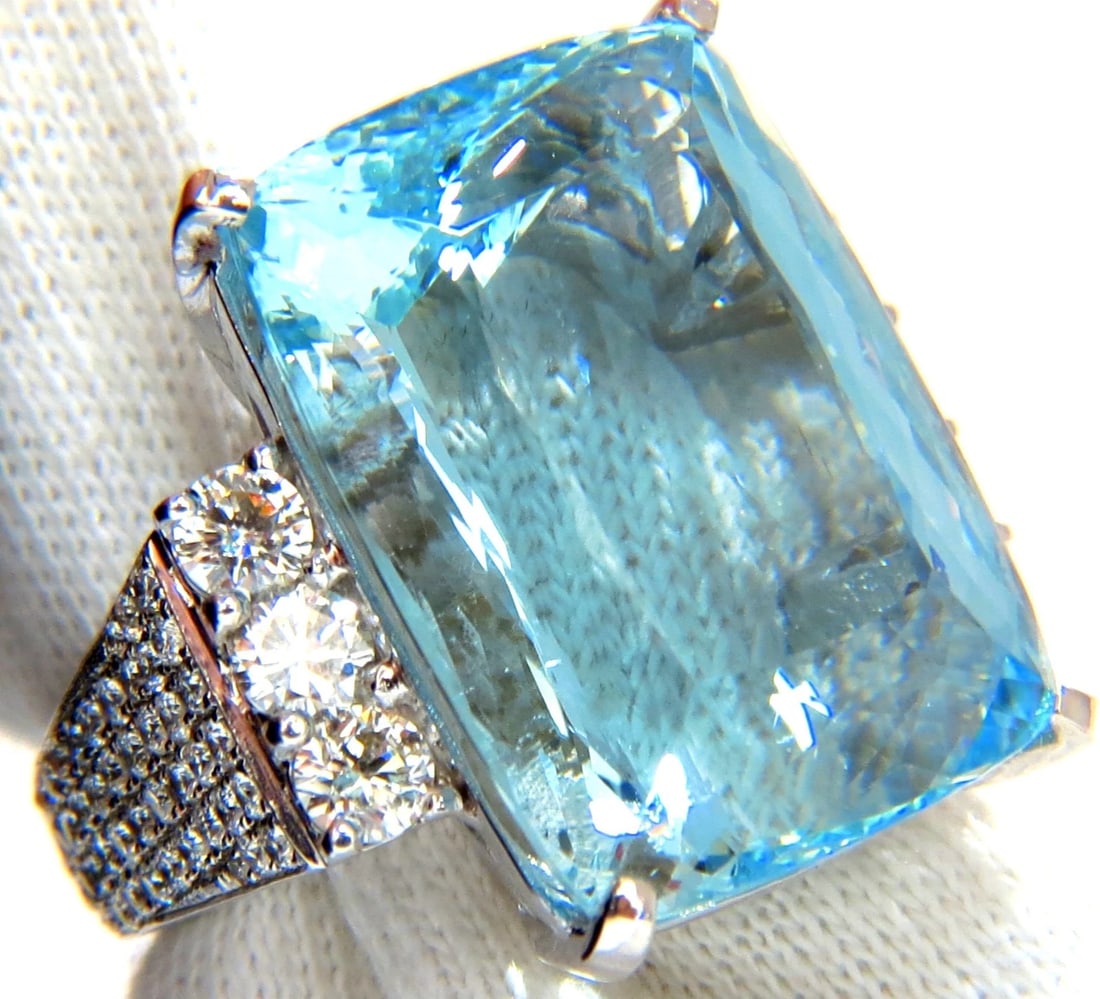 GIA 39.10ct NATURAL CUSHION CUT AQUAMARINE DIAMONDS RING 14kt VIVID AQUA+ - 4