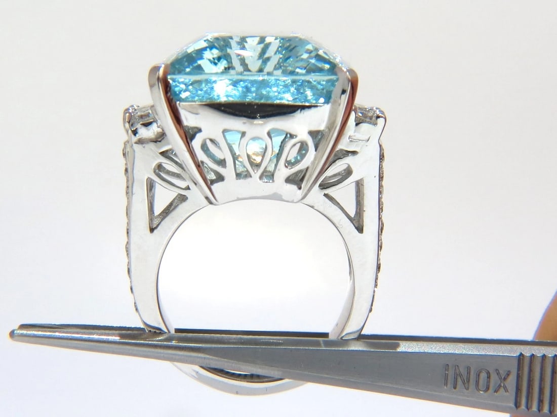 GIA 39.10ct NATURAL CUSHION CUT AQUAMARINE DIAMONDS RING 14kt VIVID AQUA+ - 6