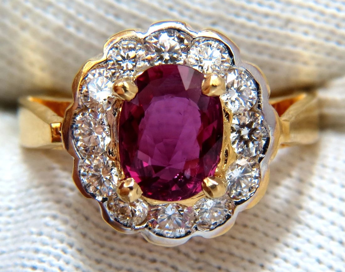 GIA Certified 1.61ct oval cut purple red ruby 1.01ct diamonds ring 18kt+ - 4