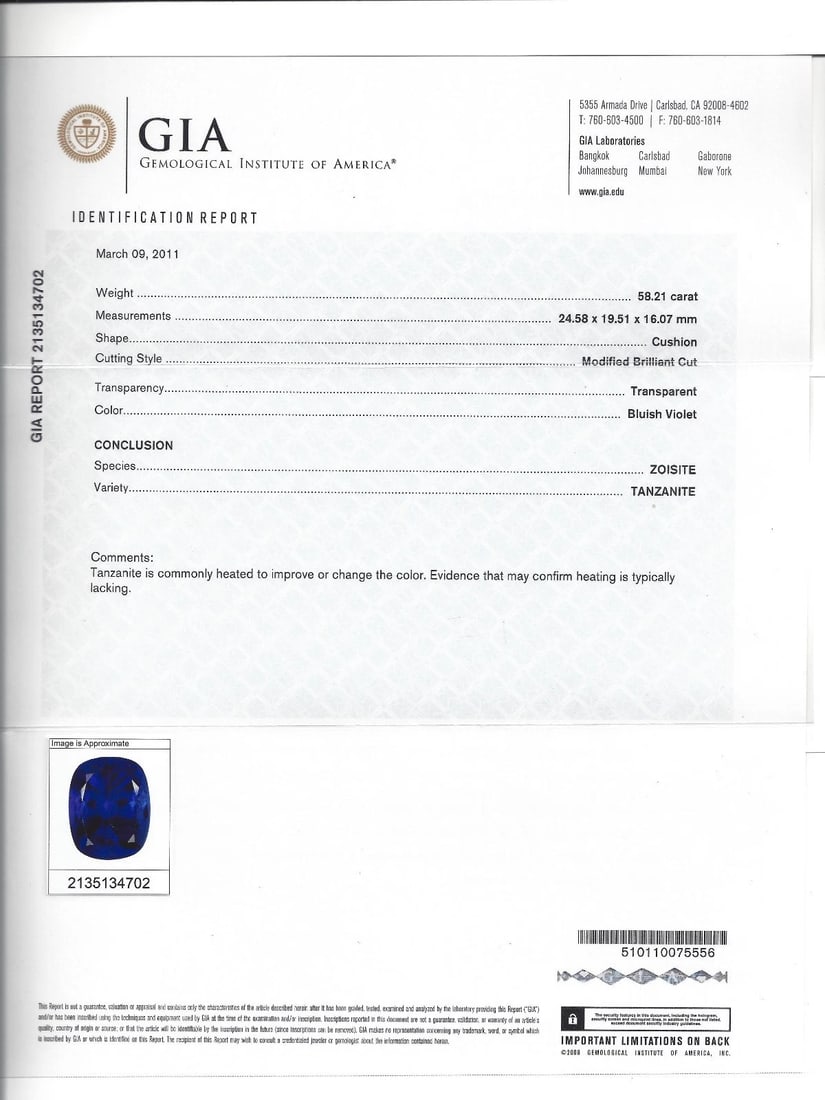 GIA Certified 58.21ct Natural Blue Cushion Cut Tanzanite Magnificent+ - 6