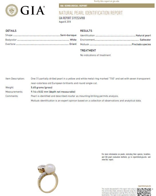 GIA Certified Natural Saltwater Pearl Light Yellow Diamonds Ring 18 Karat - 10