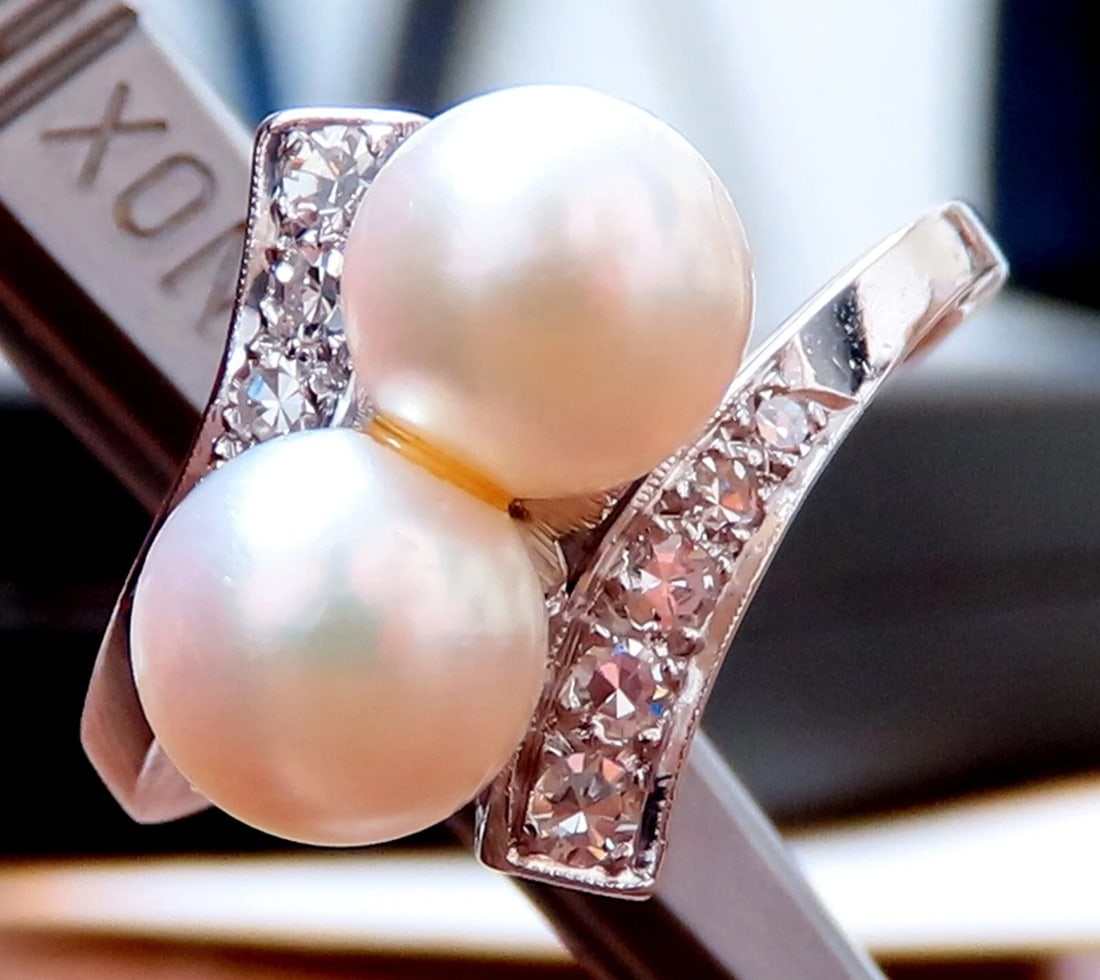 6.5mm Natural White Cultured Pearl Diamonds Rings 14kt - 2