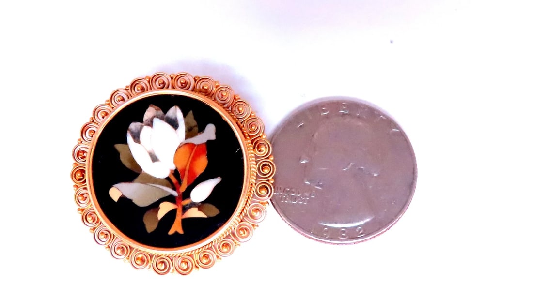 Vintage Pietra Dura Inlay Mosaic Flower Pin 18kt 12404** - 4