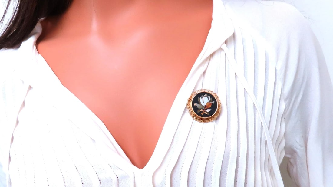 Vintage Pietra Dura Inlay Mosaic Flower Pin 18kt 12404** - 5