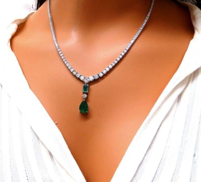 14.47ct Natural Emerald Diamond Necklace 14K Dangle Riviera Graduated 12644 ** - 5
