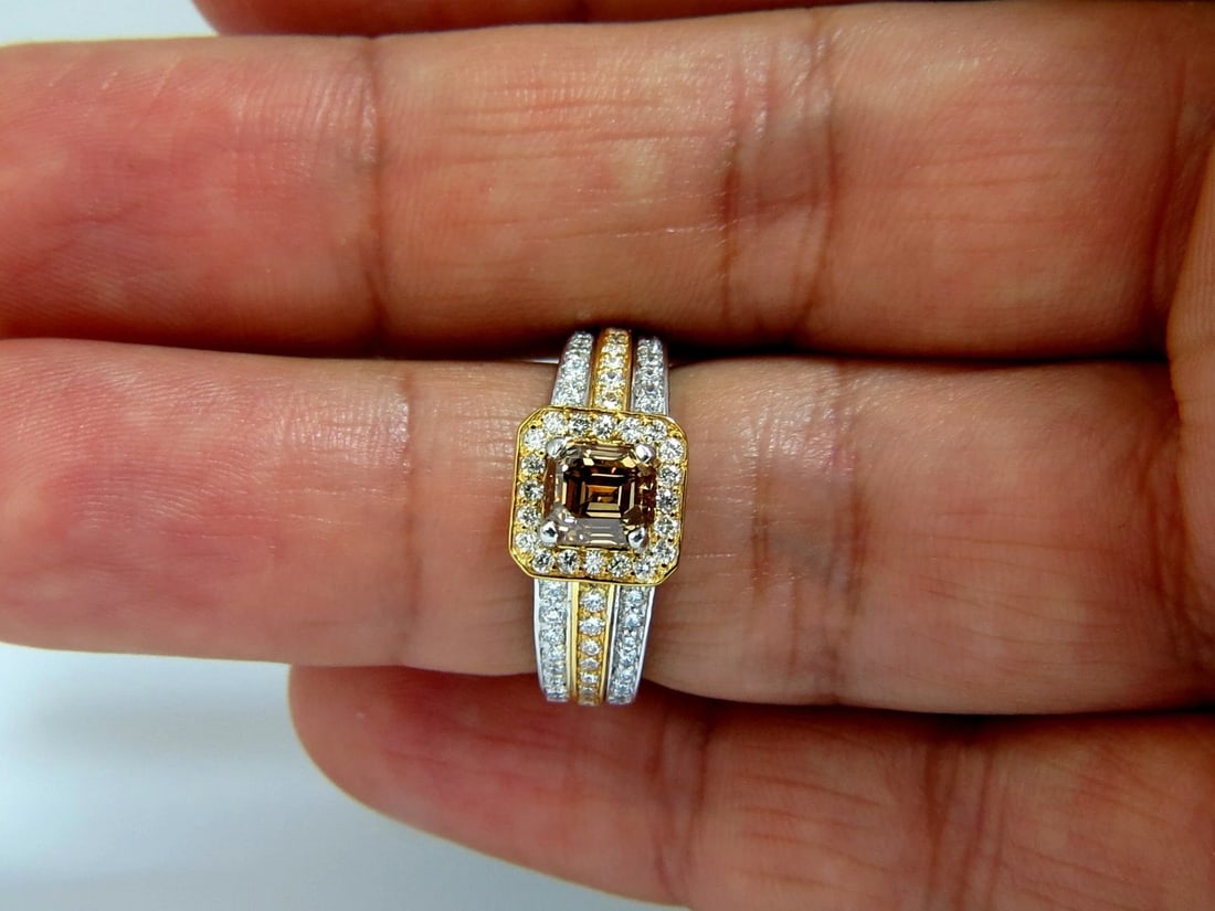 3.10ct natural fancy yellow brown diamond raised halo mod deco ring 14kt+ - 2