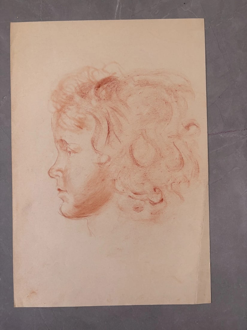 Antique Original Drawing Albert FIGAY (1907-2004) Girl Portrait, Red Chalk - 7