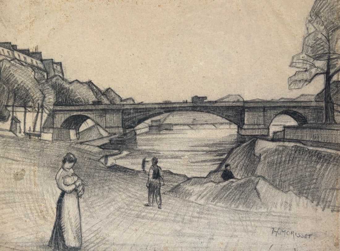 Henri MORISSET (1870-1956) Landscape People Drawing Vintage Original signed (1 of 8)