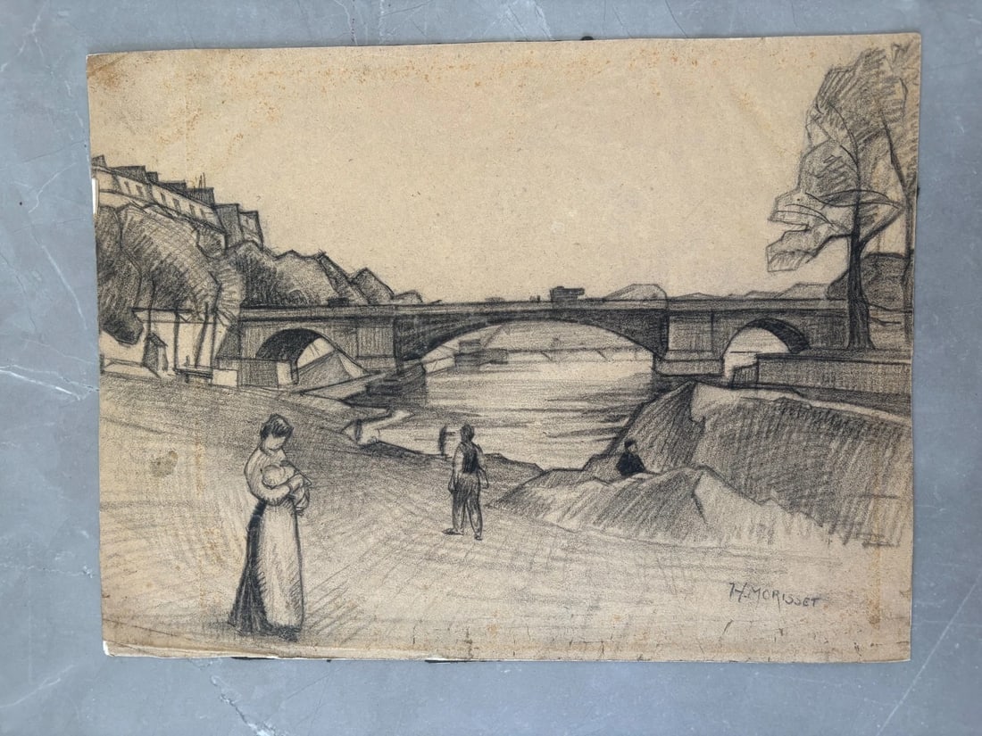 Henri MORISSET (1870-1956) Landscape People Drawing Vintage Original signed - 7