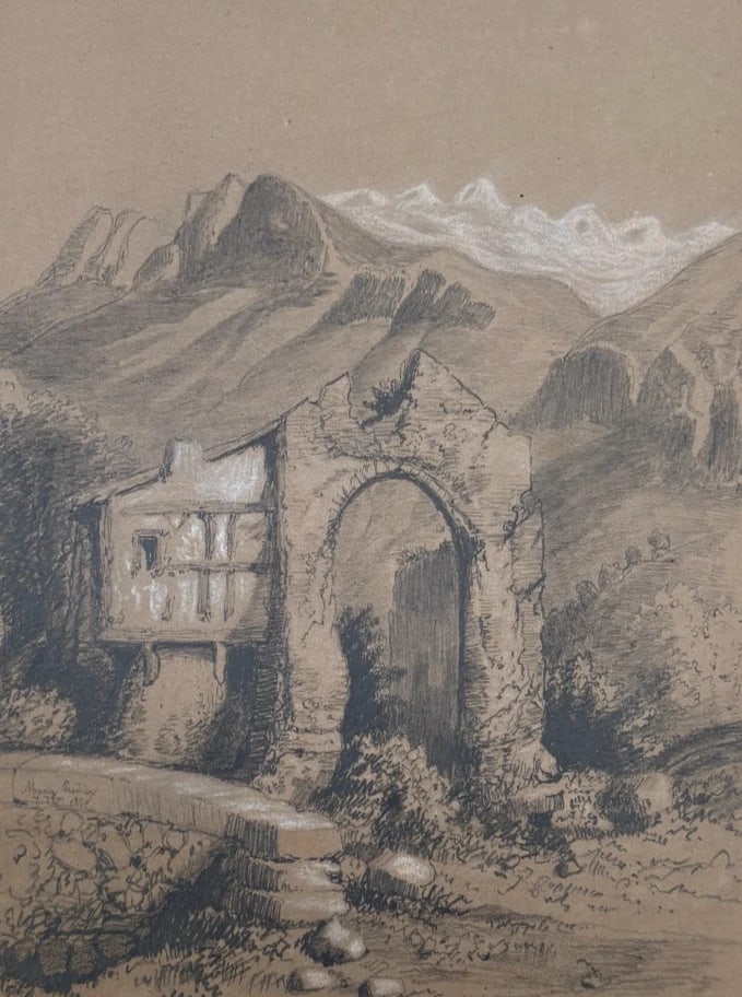 Landscape,Mountain House Architecture 19th century 1848 Antique Original Drawing (1 of 8)