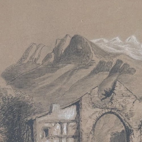 Landscape,Mountain House Architecture 19th century 1848 Antique Original Drawing - 3