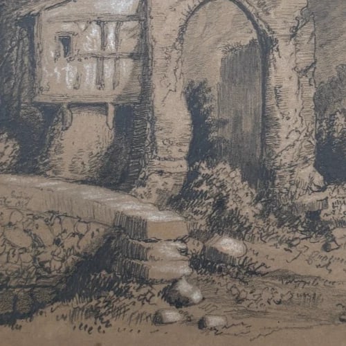 Landscape,Mountain House Architecture 19th century 1848 Antique Original Drawing - 7