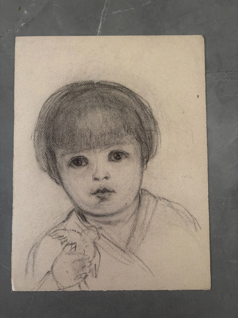 Child, Girl Portrait - Drawing Antique Original Pencil - 7