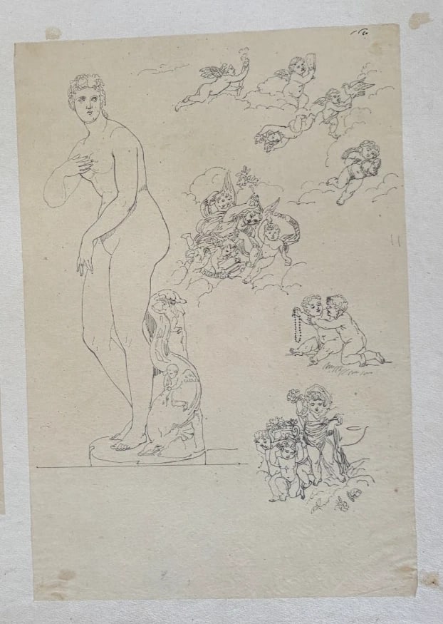 Antique Pencil Original 19th century Drawing Women Portrait, Angels, Children - 3