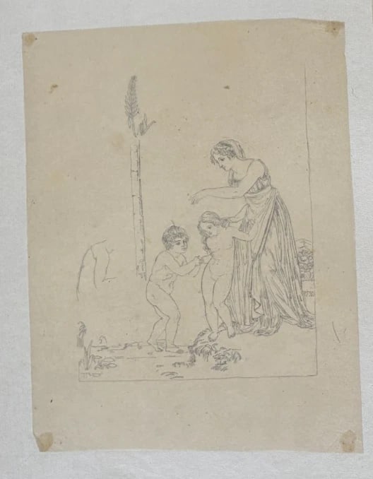 Antique Pencil Original 19th century Drawing Women Portrait, Angels, Children - 4