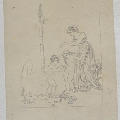 Antique Pencil Original 19th century Drawing Women Portrait, Angels, Children - 5
