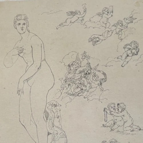 Antique Pencil Original 19th century Drawing Women Portrait, Angels, Children - 6