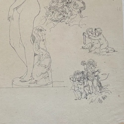 Antique Pencil Original 19th century Drawing Women Portrait, Angels, Children - 7