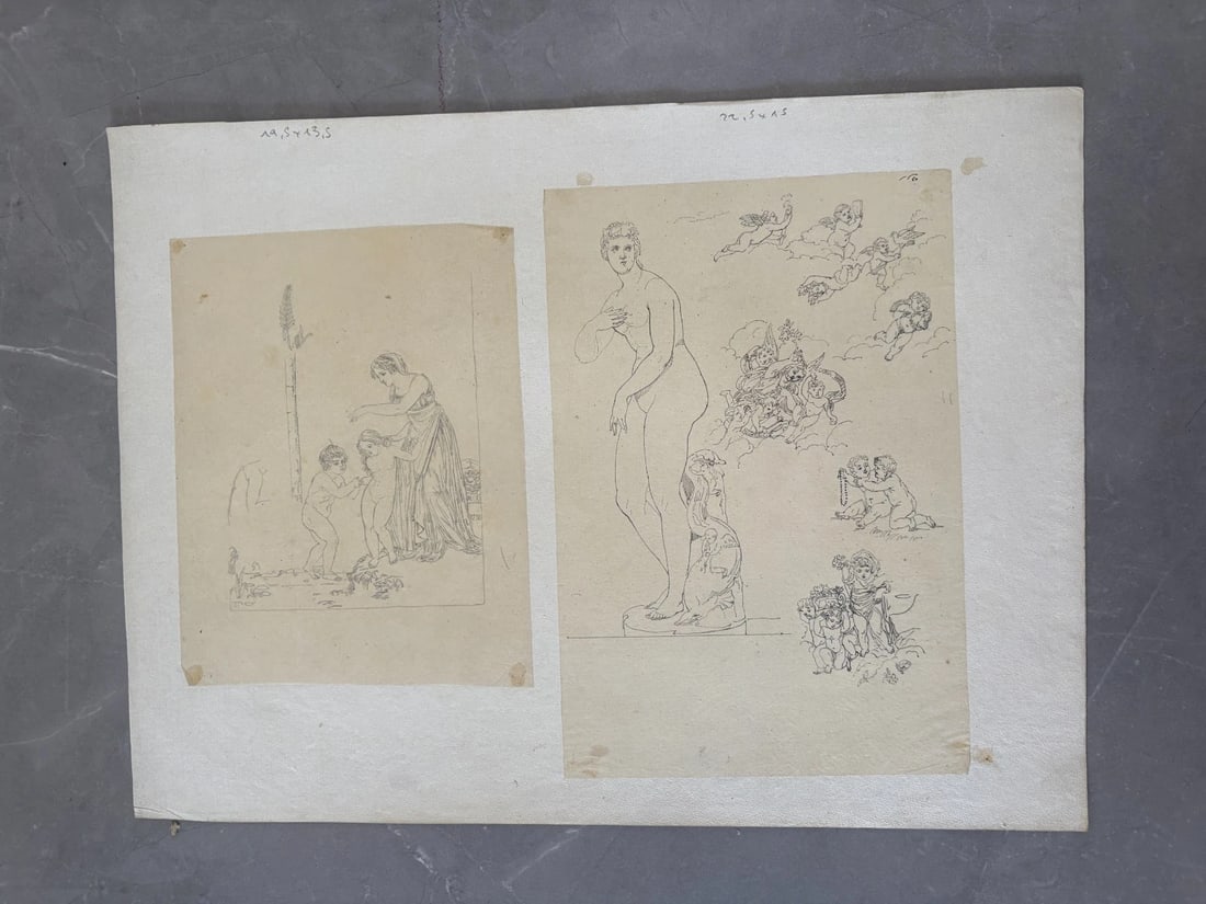 Antique Pencil Original 19th century Drawing Women Portrait, Angels, Children - 8