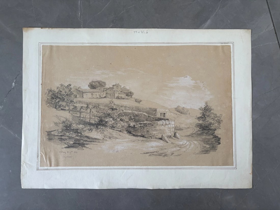 19th century Landscape, House, Forest, Millery Drawing Antique Original 1836 - 2