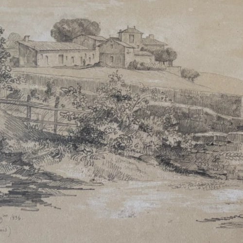 19th century Landscape, House, Forest, Millery Drawing Antique Original 1836 - 4