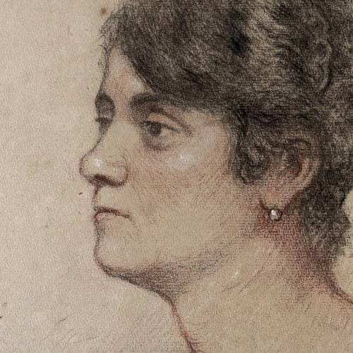 Antique Original Drawing Woman Portrait, Profil signed 1920 - 3