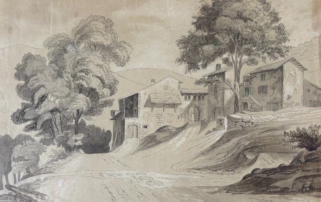 Antique Original Drawing Landscape, House, Trees 19th century 1843 (1 of 8)