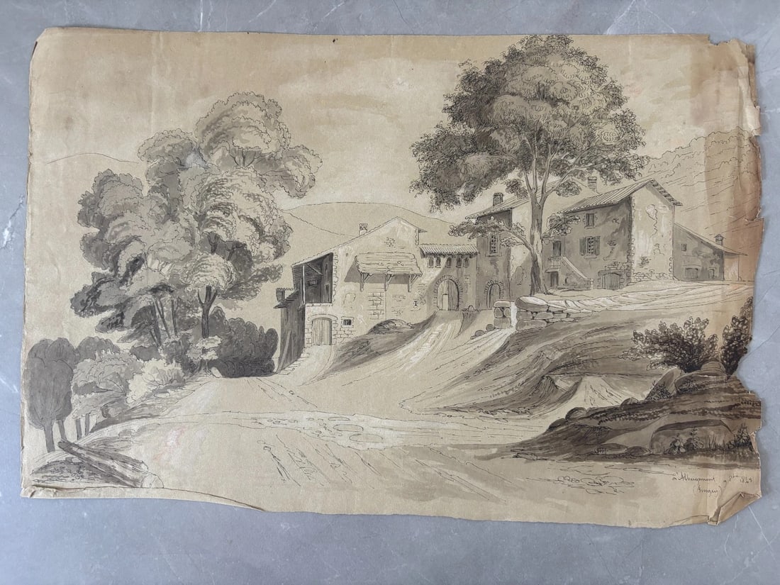 Antique Original Drawing Landscape, House, Trees 19th century 1843 - 2