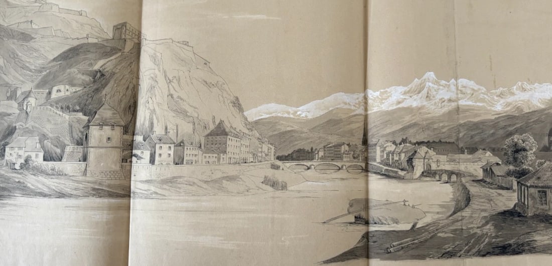 Antique Original Drawing Landscape, Grenoble, City 19th century 1841 (1 of 8)