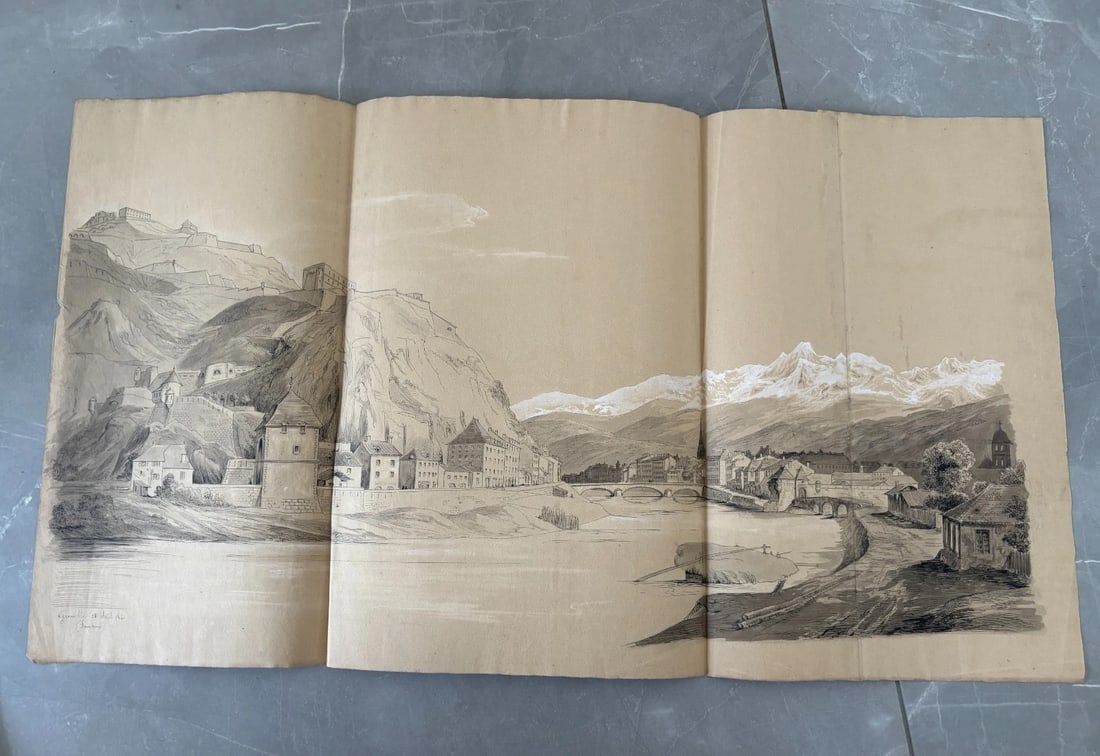 Antique Original Drawing Landscape, Grenoble, City 19th century 1841 - 2