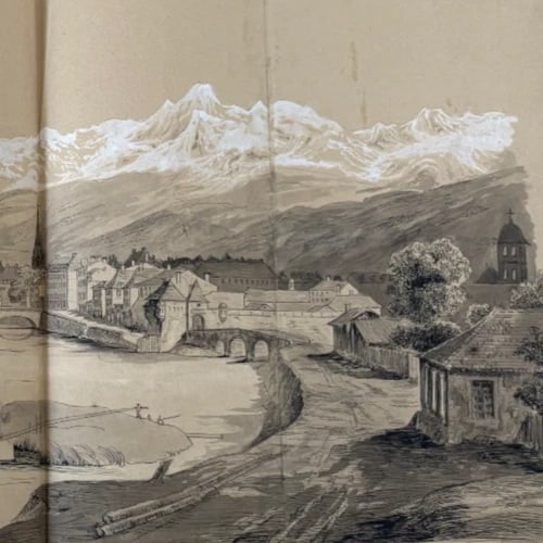 Antique Original Drawing Landscape, Grenoble, City 19th century 1841 - 4
