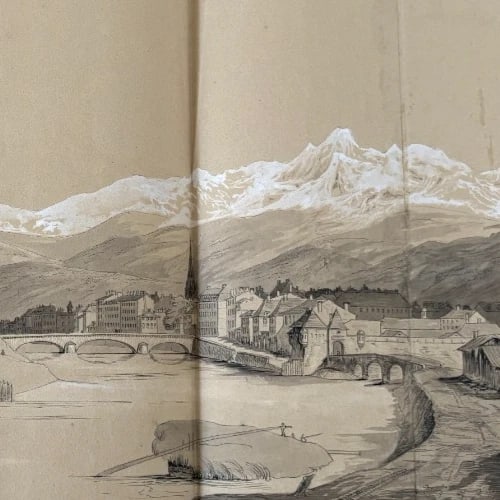 Antique Original Drawing Landscape, Grenoble, City 19th century 1841 - 5