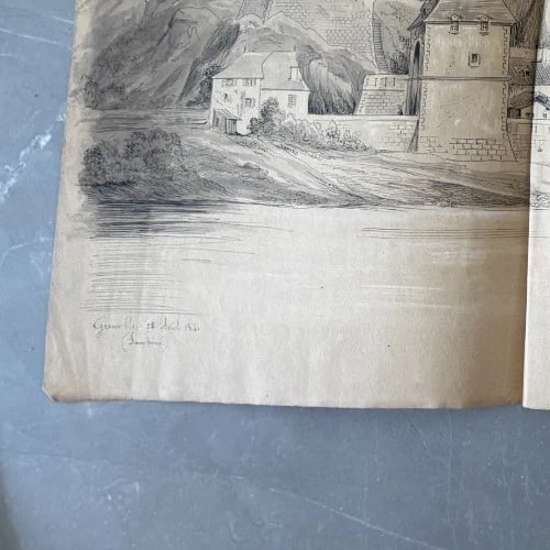 Antique Original Drawing Landscape, Grenoble, City 19th century 1841 - 7