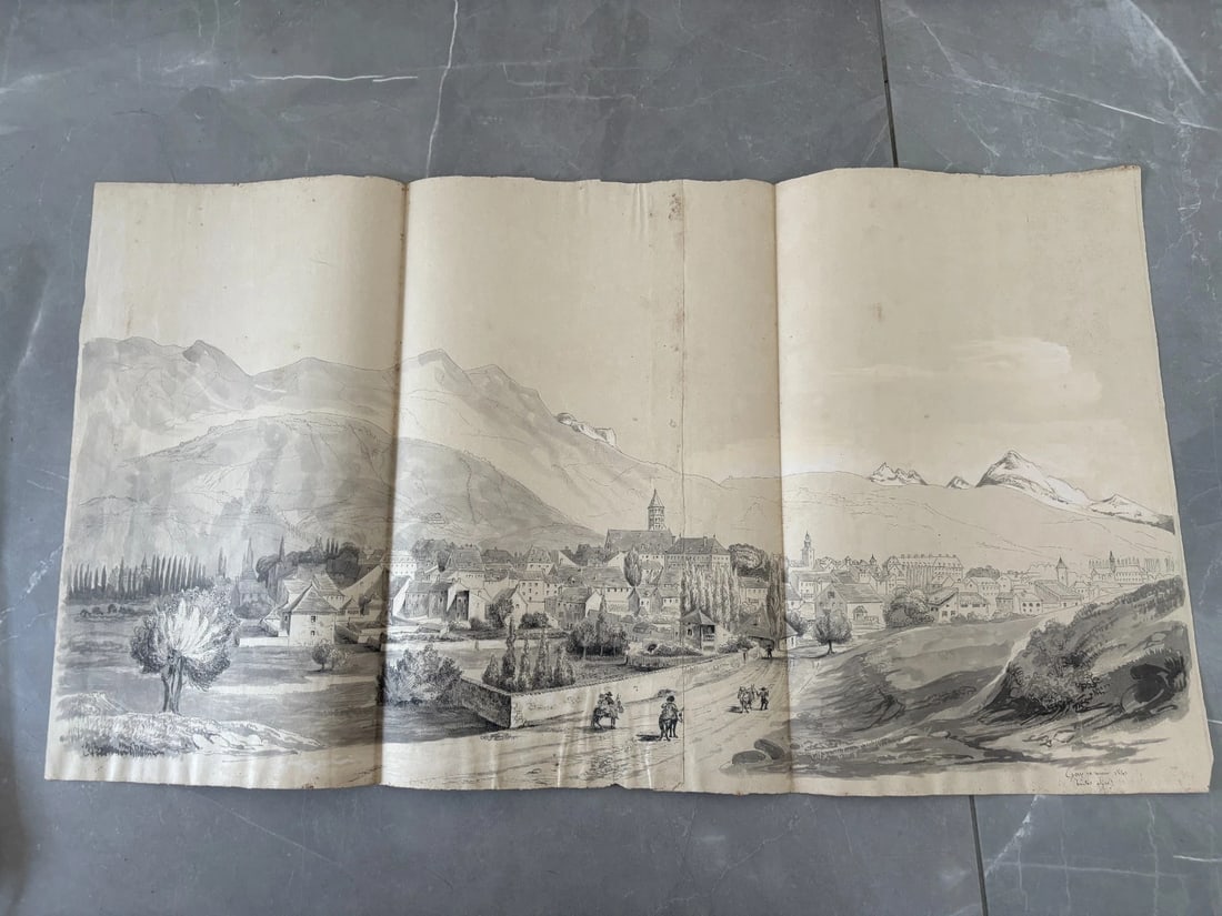 Antique Original Drawing Landscape, Mountain Alpes Cityview 19th century 1841 - 2