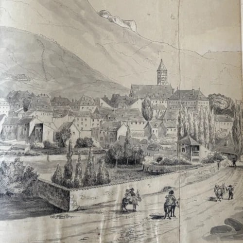 Antique Original Drawing Landscape, Mountain Alpes Cityview 19th century 1841 - 3