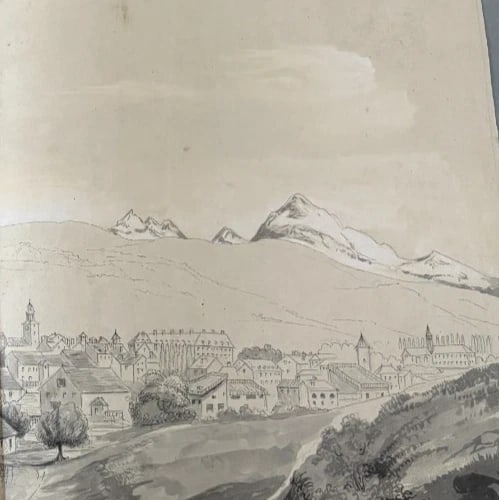 Antique Original Drawing Landscape, Mountain Alpes Cityview 19th century 1841 - 4