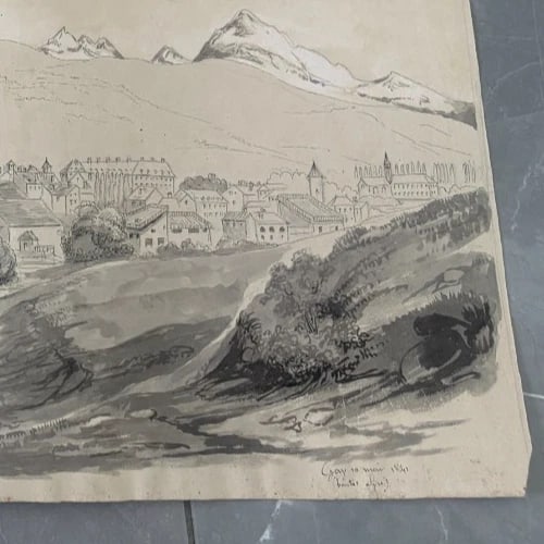 Antique Original Drawing Landscape, Mountain Alpes Cityview 19th century 1841 - 6