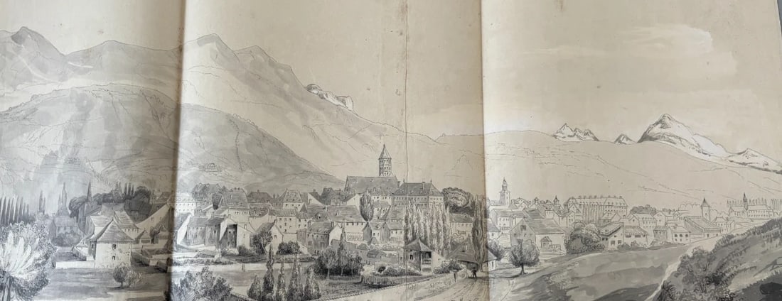 Antique Original Drawing Landscape, Mountain Alpes Cityview 19th century 1841 - 7
