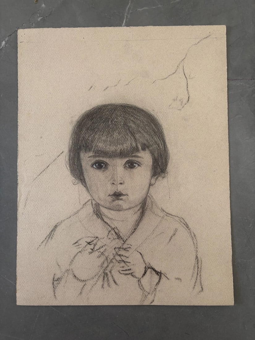 Antique Original Drawing Child, Girl Portrait - 2