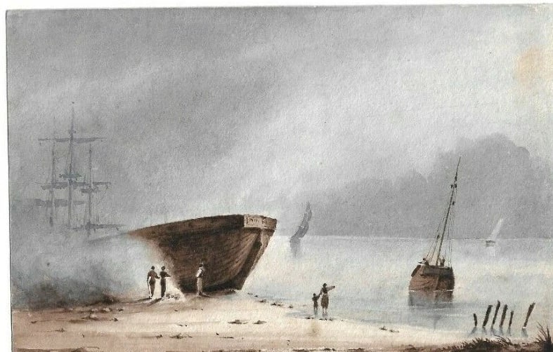 Antique Drawing Original 19th century Seascape, Boat, People Artwork - 2