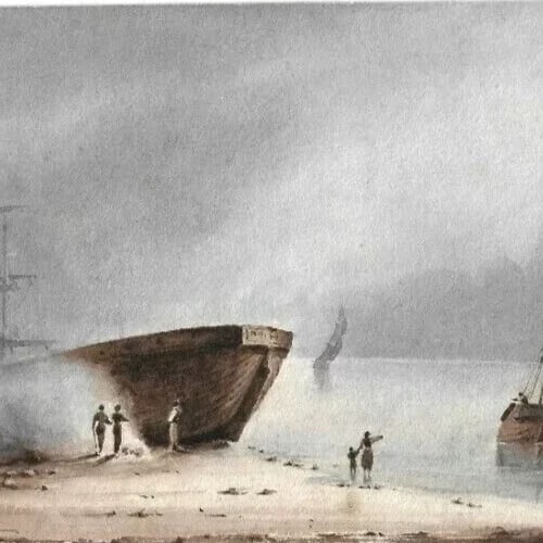 Antique Drawing Original 19th century Seascape, Boat, People Artwork - 5