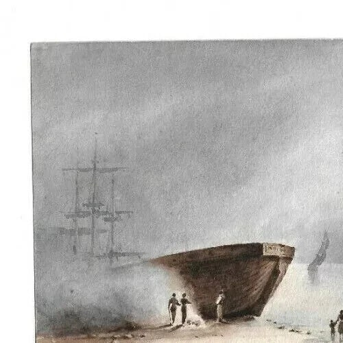 Antique Drawing Original 19th century Seascape, Boat, People Artwork - 8