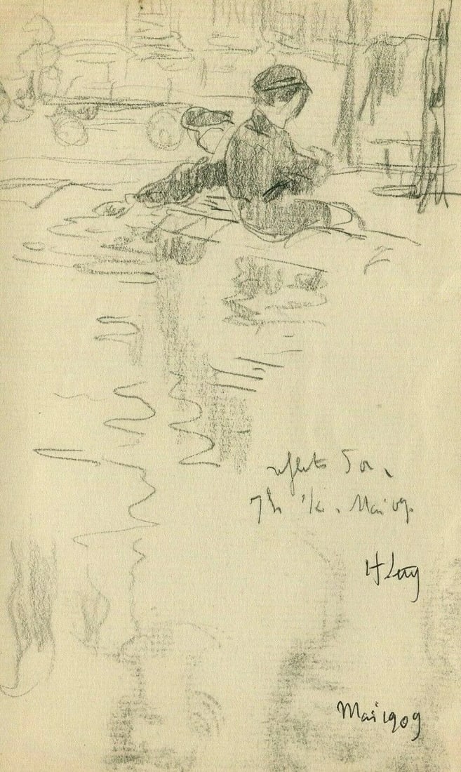 Antique Pencil Original Impressionist Kids, Water, Portrait, Games Artwork - 2