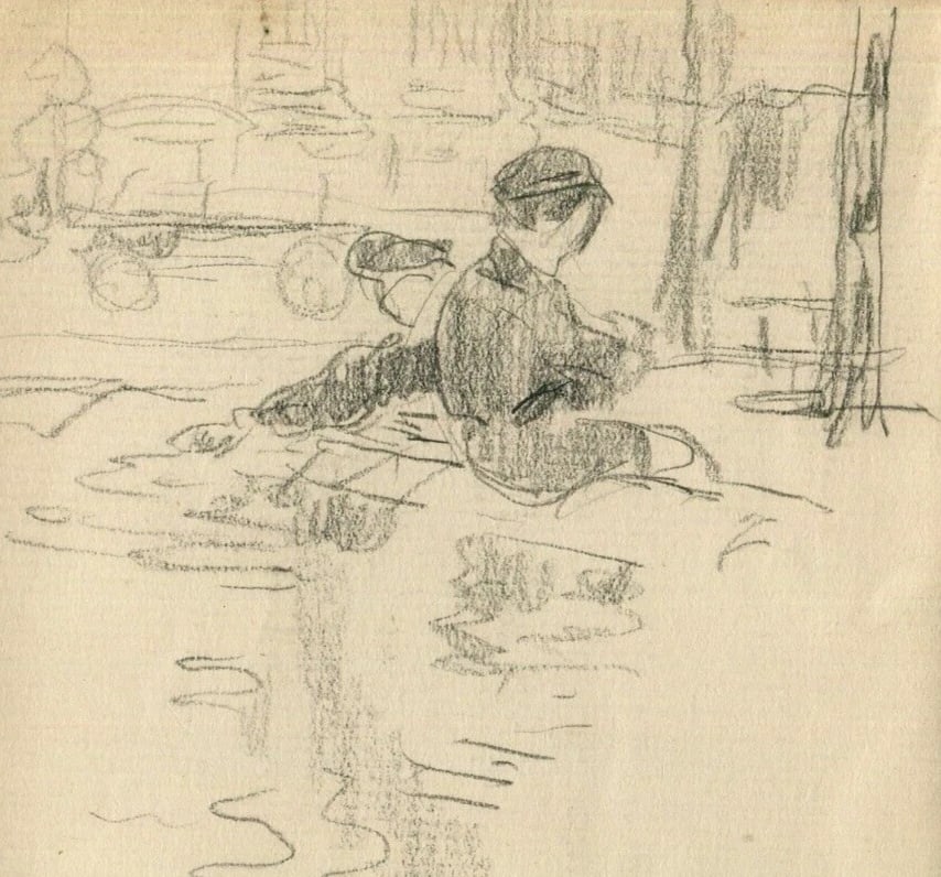 Antique Pencil Original Impressionist Kids, Water, Portrait, Games Artwork - 4