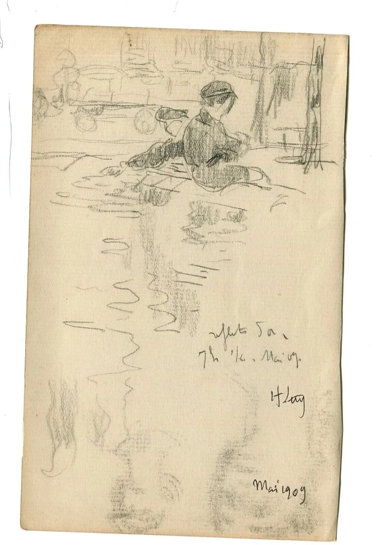 Antique Pencil Original Impressionist Kids, Water, Portrait, Games Artwork - 8