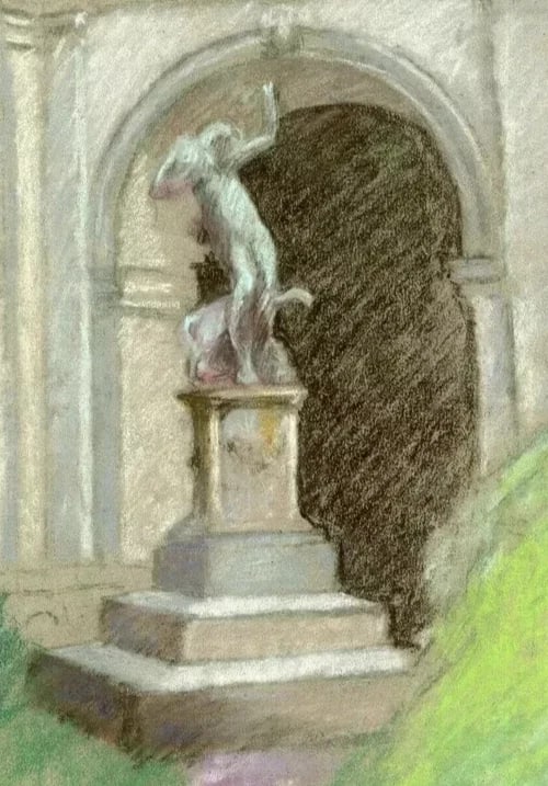 Vintage Pastel Original Drawing Woman Sculpture, Garden Artwork: Drawing of a Woman Sculpture in a Garden Description Pastel on paper 32 x 25 cm / 12.59 x 9.84 inches folds, holes Reserve: $40.00 Shipping:Domestic: Flat-rate of $19.00 to anywhere