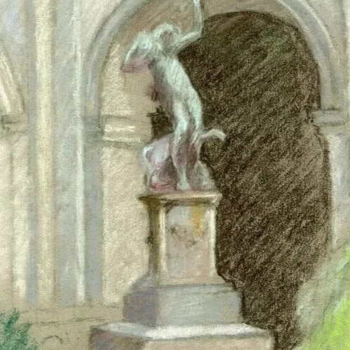 Vintage Pastel Original Drawing Woman Sculpture, Garden Artwork - 3