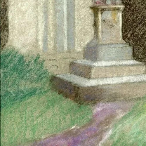 Vintage Pastel Original Drawing Woman Sculpture, Garden Artwork - 4