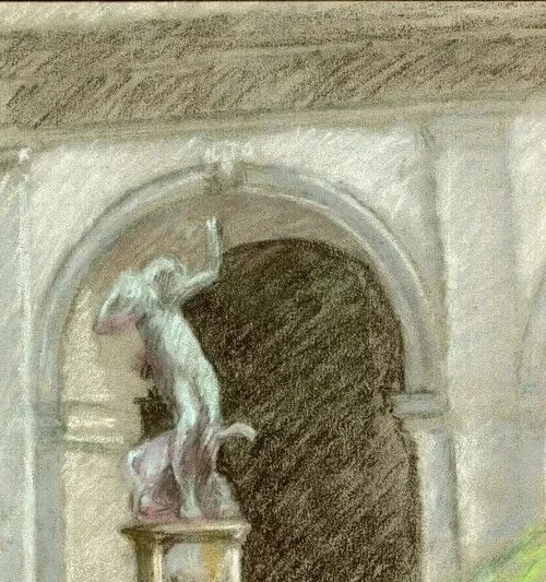 Vintage Pastel Original Drawing Woman Sculpture, Garden Artwork - 5